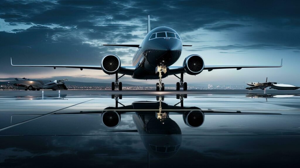 Luxury private jet parked on tarmac with ample space above silhouette concept free photo